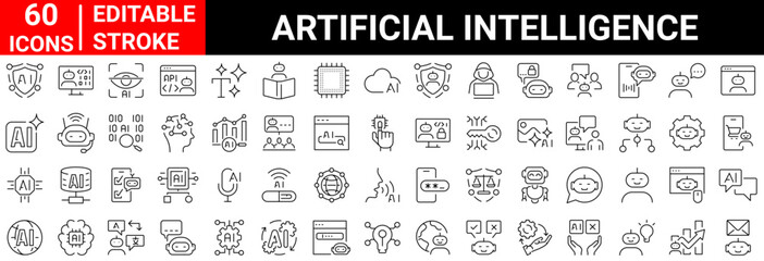 Fototapeta premium Set of 60 outline icons related to artificial intelligence. Linear icon collection. Editable stroke. Vector illustration
