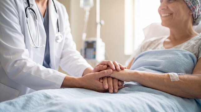 Compassionate doctor holding hands of cancer patient in hospital bed, medical care and support
