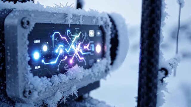Frosty watch face glows in cold. Circuitry illuminated against snow. Carbon fiber strap contrasts with frost. Digital display shows glowing lines. Snowflakes gently fall around device.