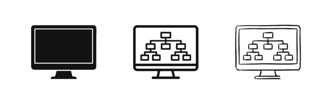 Computer Monitor with Flowchart Hierarchy Structure Icon Set