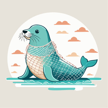Seal entangled in fishing net, environmental concern illustration