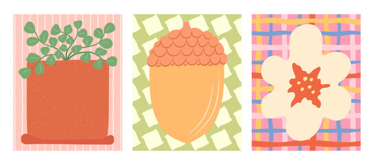 Cute modern nature posters vector set. Potted plant, acorn and daisy flower illustrations on colorful textured backgrounds. Whimsical botanical cards for wall art, print, decoration in flat style © Olya Haifisch