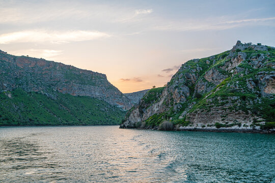 The scenic sunset views of the Rumkale, a ruined fortress on the Euphrates, located in the province of Gaziantep and 50 km west of Şanlıurfa, Turkey