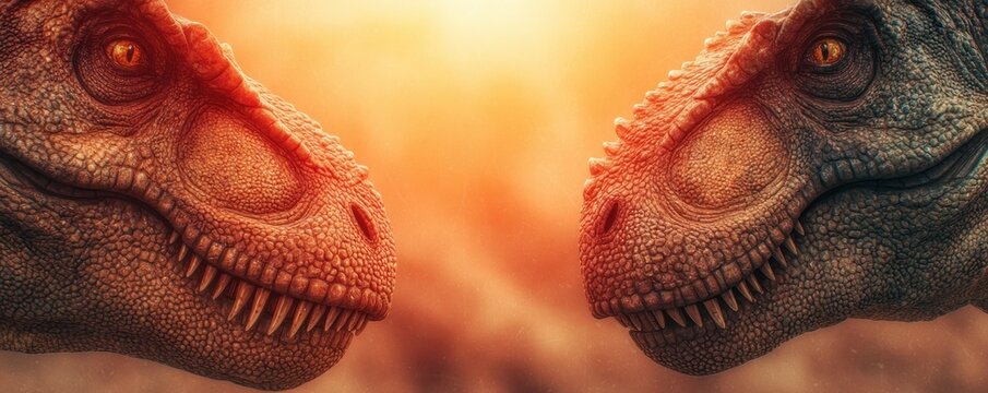 Two Tyrannosaurus Rex Dinosaurs Facing Each Other With Glowing Eyes And Detailed Textured Skin Representing Prehistoric Power Survival Instinct And Cinematic Dinosaur Fantasy