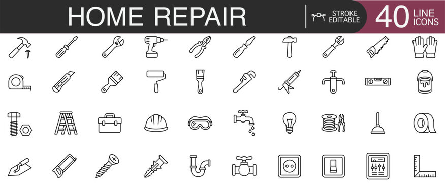 Home repair tool icon vector line outline set minimal black outline symbols for renovation and maintenance including hammer wrench drill saw ladder plumbing electric accessory