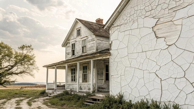 Old wooden farmhouse with peeling white paint in the countryside