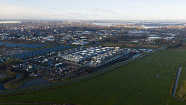 Aerial view modern data center with solar field