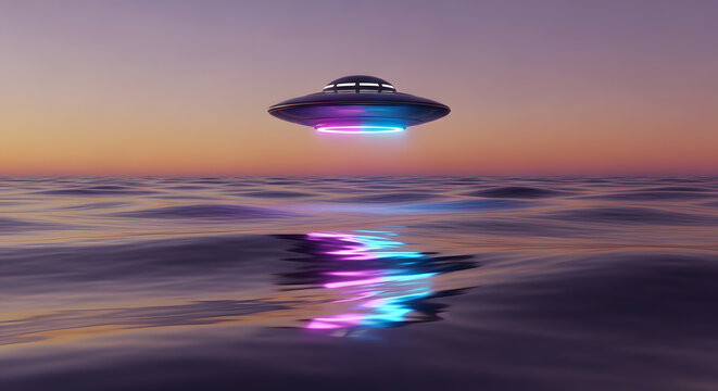 Alien spaceship hovering over a mysterious purple ocean at sunset with colorful reflections