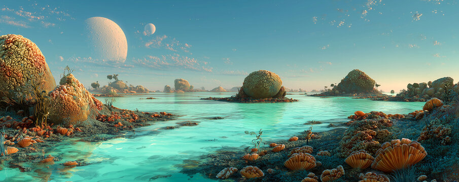 panoramic view of an alien ocean planet surface with giant petrified shells floating islands and distant star light