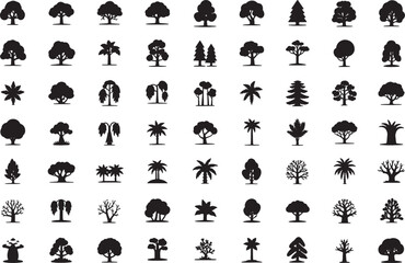 Obraz premium Set of black tree silhouettes and nature icons