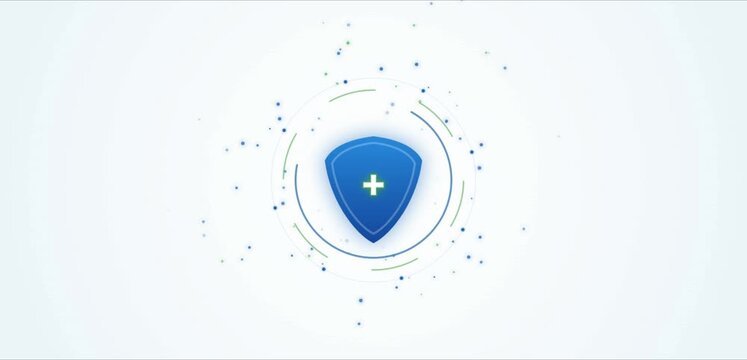 Video Motion A blue shield icon with a white plus sign in the center, symbolizing protection, security, and health, surrounded by subtle digital particles and glowing circles animation