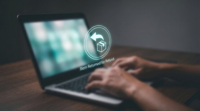 E-commerce Returns and Reverse Logistics Concept: Hands on Laptop with Holographic Refund Interface, Package Icon, and Order History Navigation