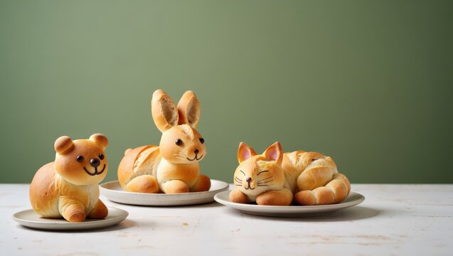 A creative arrangement of bread sculptures shaped like a bear, rabbit, and cat, placed on plates and set against a green background, perfect for kids and foodies alike.