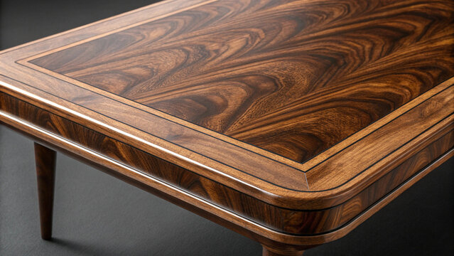 Detailed photograph of a polished wooden table with intricate grain patterns