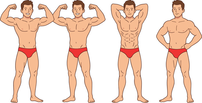 muscular male bodybuilder character set in different bodybuilding poses wearing red trunks for fitness gym health and muscle anatomy design projects