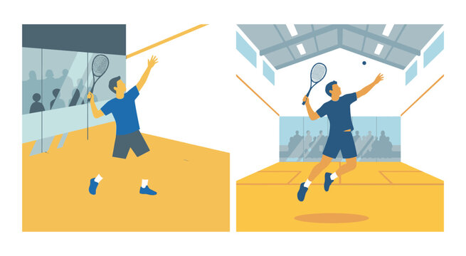 People playing squash game with rackets in an indoor court