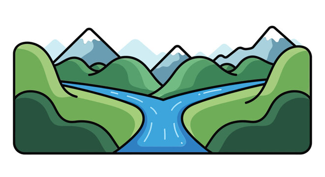 River Flowing Through Green Hills.