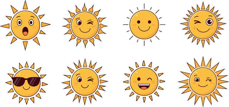 Set of cute sun emoji characters with different facial expressions including winking smiling and wearing sunglasses