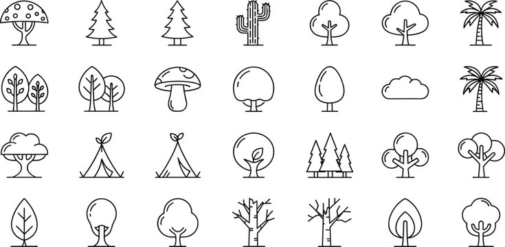 nature and outdoor line icon set featuring various trees pine palm cactus mushrooms tents and forest elements for camping and environment designs