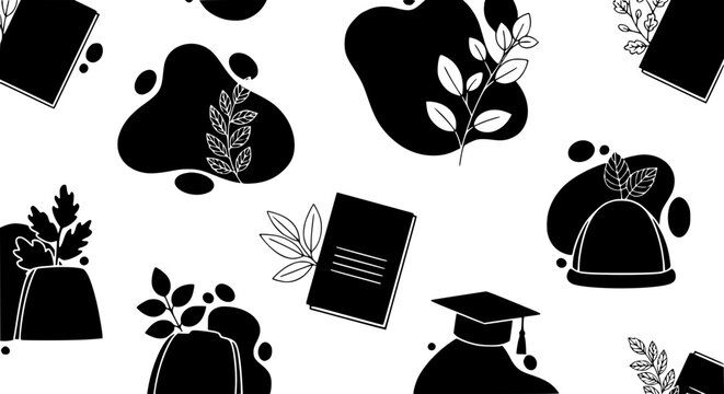 Black and white education pattern with books graduation caps and botanical leaves