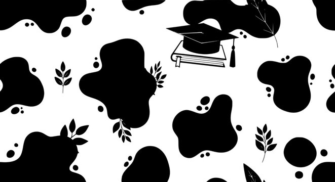 Graduation theme seamless pattern with cap book and abstract organic shapes