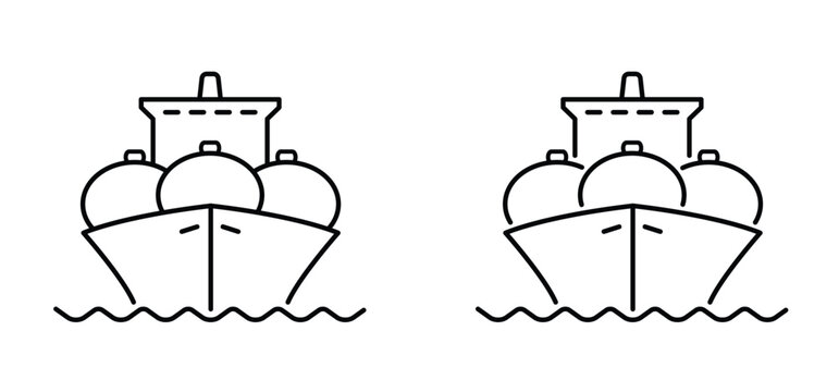 Cartoon gas tankers or cargo ships for gas. LNG, Liquified Natural Gas. Gas terminal gas tanks for storage. Petroleum chemical or methane freighter export, import transportation. Oil crude gas tanker 