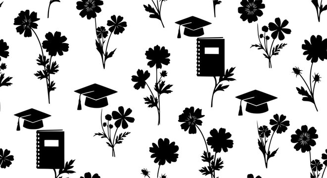 Seamless graduation theme pattern with mortarboards books and cosmos flowers