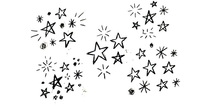 Hand drawn doodle stars and sparkles set in black ink style