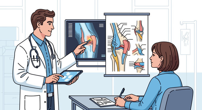 Doctor explaining knee joint structure to a patient