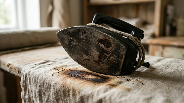 Dirty iron resting on ironing board. Old household appliance with burnt metal plate. Domestic chore, housework routine and equipment maintenance concept. Textile care and laundry tool.