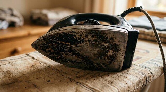 Dirty iron resting on ironing board. Old household appliance with burnt metal plate. Domestic chore, housework routine and equipment maintenance concept. Textile care and laundry tool.