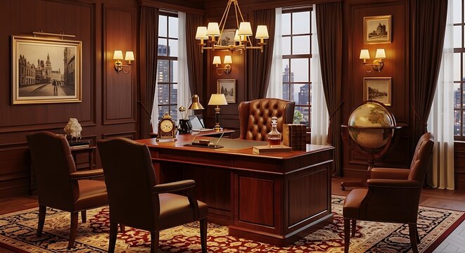 Elegant office interior with desk chairs artwork globe and lighting