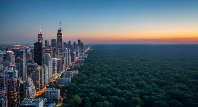 City skyline meets vast forest at sunset aerial view dividing urban sprawl and nature.