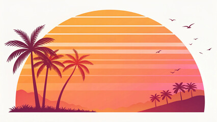 Fototapeta premium Vibrant tropical sunset illustration featuring palm trees and flying birds