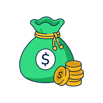 Flat icon of money bag with coins.