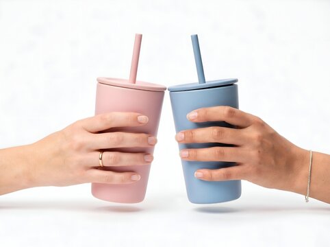Two Hands Holding Eco-Friendly Pastel Travel Mugs with Straws