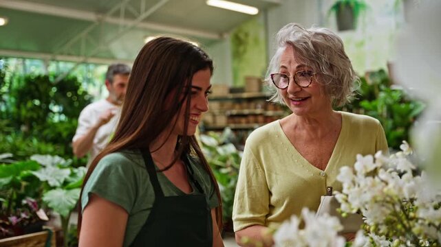Young female florist helping elderly customer choose orchid in a flower shop