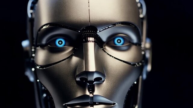 Futuristic humanoid robot head portrait with glowing blue eyes in dark studio.