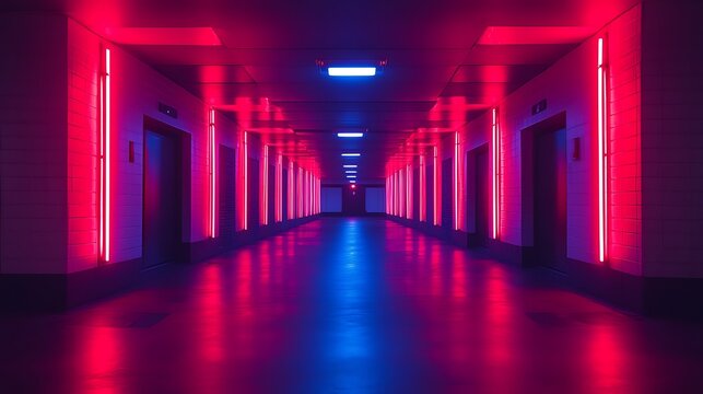 Neonlit hallway with elevators with vibrant red and blue futuristic interior.