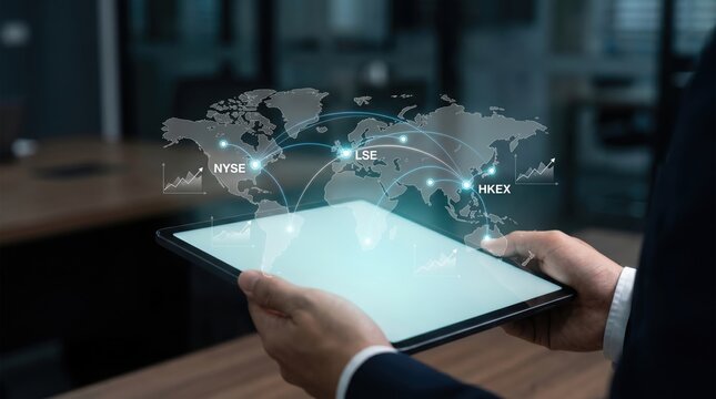 Global Investing and Market Analysis Concept: Investor with Holographic World Map on Tablet showing stock exchange nodes (NYSE, LSE, HKEX) and Index Trends