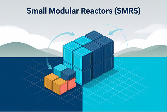 Modular blocks are shown assembling into a larger structure, representing modular reactors.
