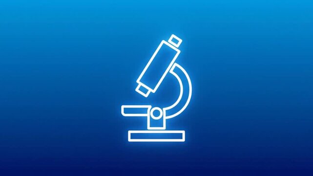 Neon Line Art Microscope Illustration with Expanding Circular Waves on a Blue Gradient Background