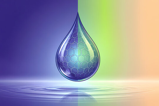 A transparent droplet with a hexagonal pattern inside, floating above rippling water.