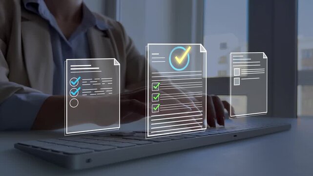 Business person in computer doing online data documentation checklist survey. Productivity document check approval and filling survey form online.Fast checklist,clipboard task business management.	