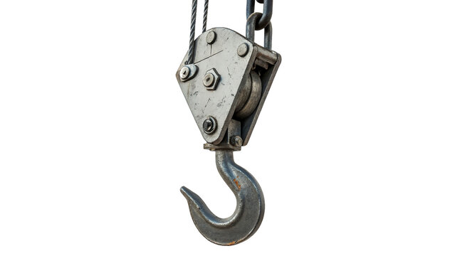 Heavy industrial metal hoist crane hook for lifting operations engineering and workshop construction warehouse isolated on transparent background