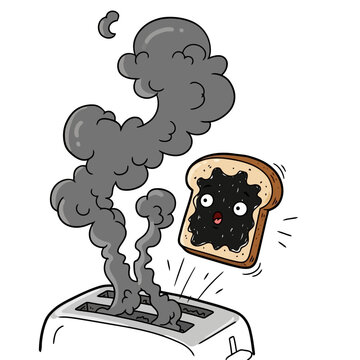 Funny cartoon toast popping out of a toaster with burnt bread and smoke illustration.