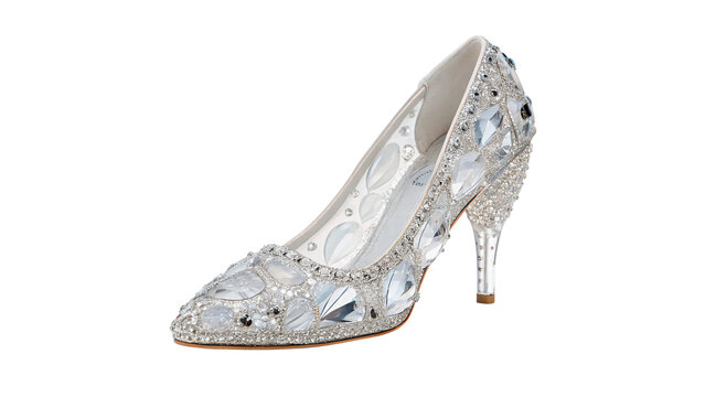 Elegant crystal glass high heel slipper shoe for princess fairytale character costume and luxury wedding isolated on transparent background