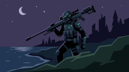 Fototapeta premium a soldier holds a sniper rifle at night.