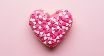 Obraz premium A pink heart-shaped cookie decorated with small pink and white fondant hearts on a soft pink background. Perfect for Valentine's Day, romantic celebrations, weddings, or sweet treats for loved ones.