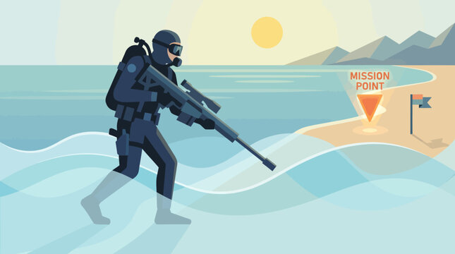 Soldier wading through ocean to mission point.